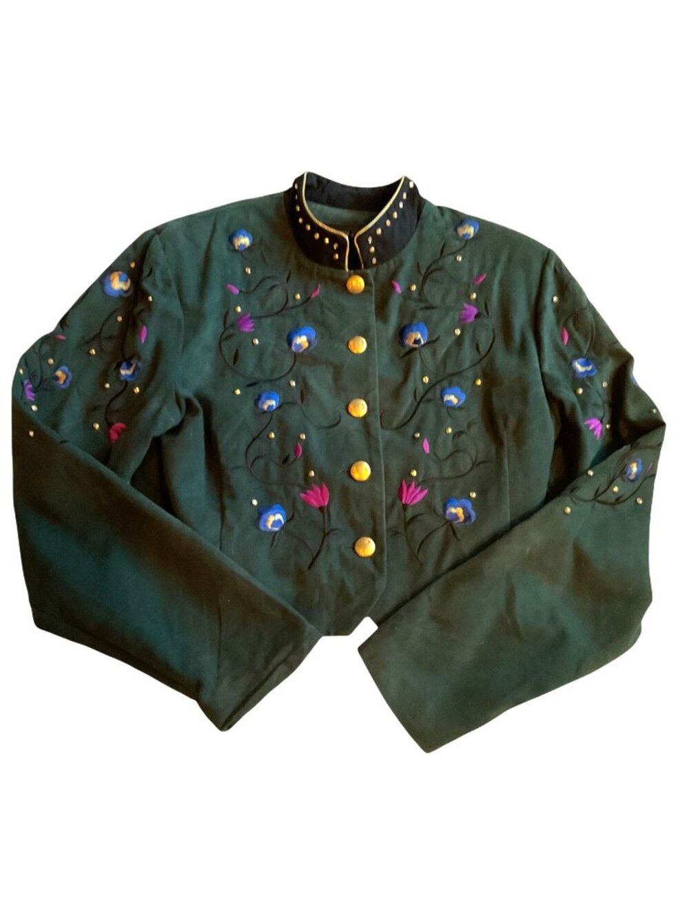 Vtg Silver Mesa Cropped Floral Embroidered Western Jacket Green USA Made Womens